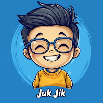 A cartoon illustration of a smiling boy wearing glasses and a yellow shirt with the name "Juk Jik" below.