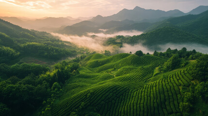 Fototapeta premium A lush green hillside with a misty fog rolling in from the mountains