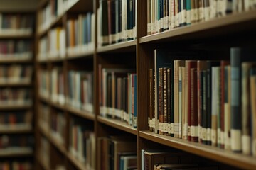 A Library of Knowledge: Rows of Books on Wooden Shelves