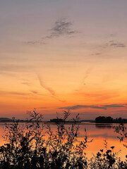 Bright sunset over the river Volga near Kazan, Russia