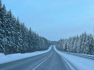 Obraz premium The road runs through a winter forest covered with snow