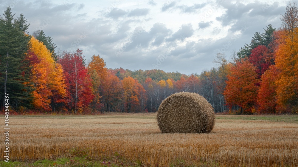 Poster a haystack in a field surrounded by colorful foliage.