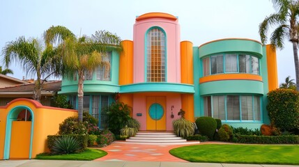 Suburban home showcases an art deco facade with pastel coloring and geometric designs.
