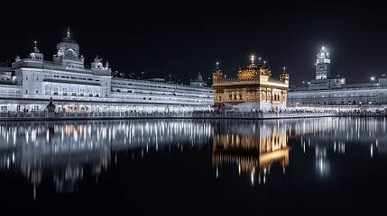 Fototapeta premium Golden temple illuminated by oil lamps, sacred glow, Festival of Lights celebration