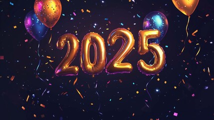 Naklejka premium Happy New Year background with 2025 shiny golden numbers made of air balloons isolated on black background. Festive celebration banner 