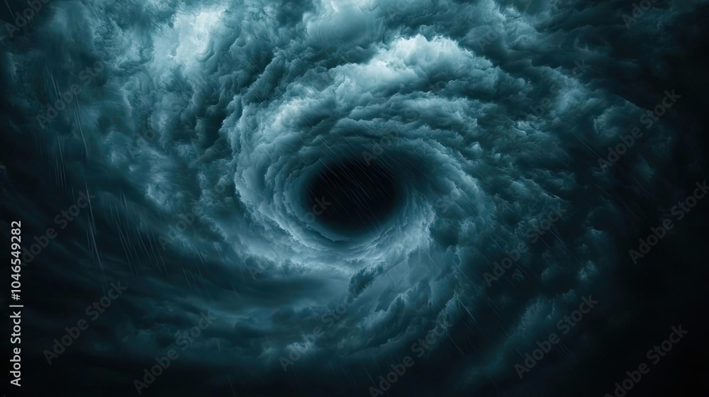 Poster dramatic swirling storm clouds creating a powerful vortex in a dark sky.