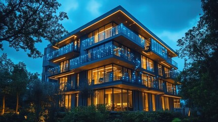 Fototapeta premium Modern building illuminated at dusk, showcasing architectural design.