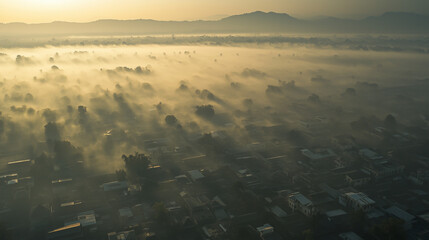 Aerial View of Misty Town at Dawn