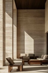 Minimalist outside travertine living room with dark wood furniture and cashmere
