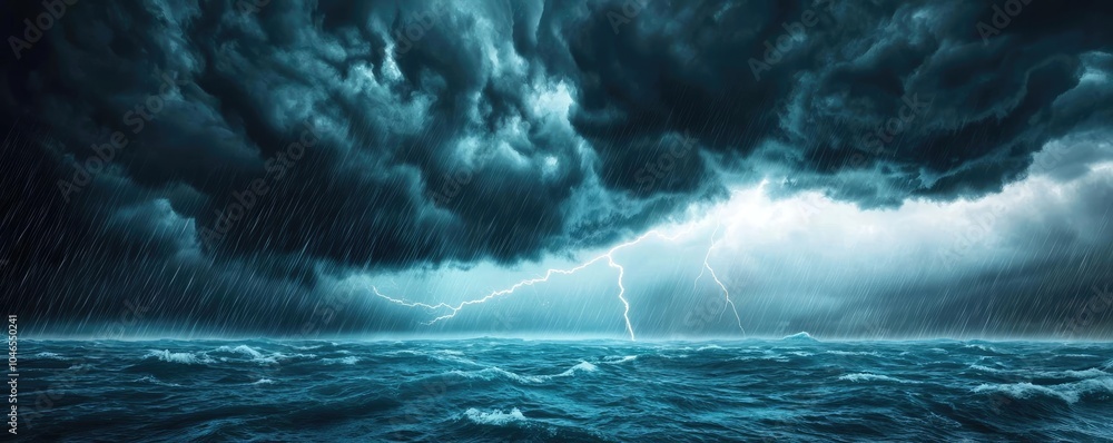 Poster intense storm with dark clouds and lightning over turbulent ocean waters.
