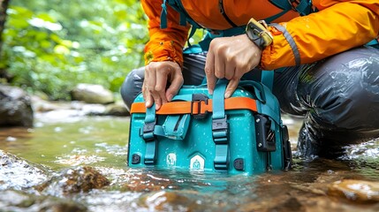 A person tightly securing the straps and fasteners on a suitcase or travel bag to prevent the contents from floating or shifting during transit or movement