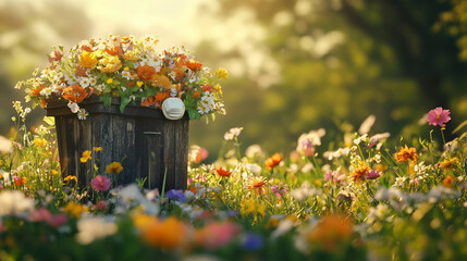 A wooden planter overflowing with vibrant flowers, illuminated by the warm glow of the setting sun.