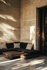 Minimalist outside travertine living room with dark wood furniture and cashmere
