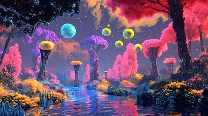 Dreamlike scene with surreal floating shapes and vibrant colors