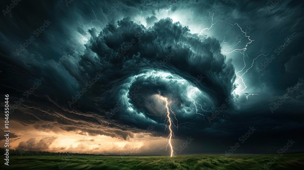 Poster Dramatic storm clouds with swirling patterns and lightning in a moody sky.