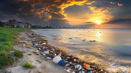 Sunset Over Polluted Beach