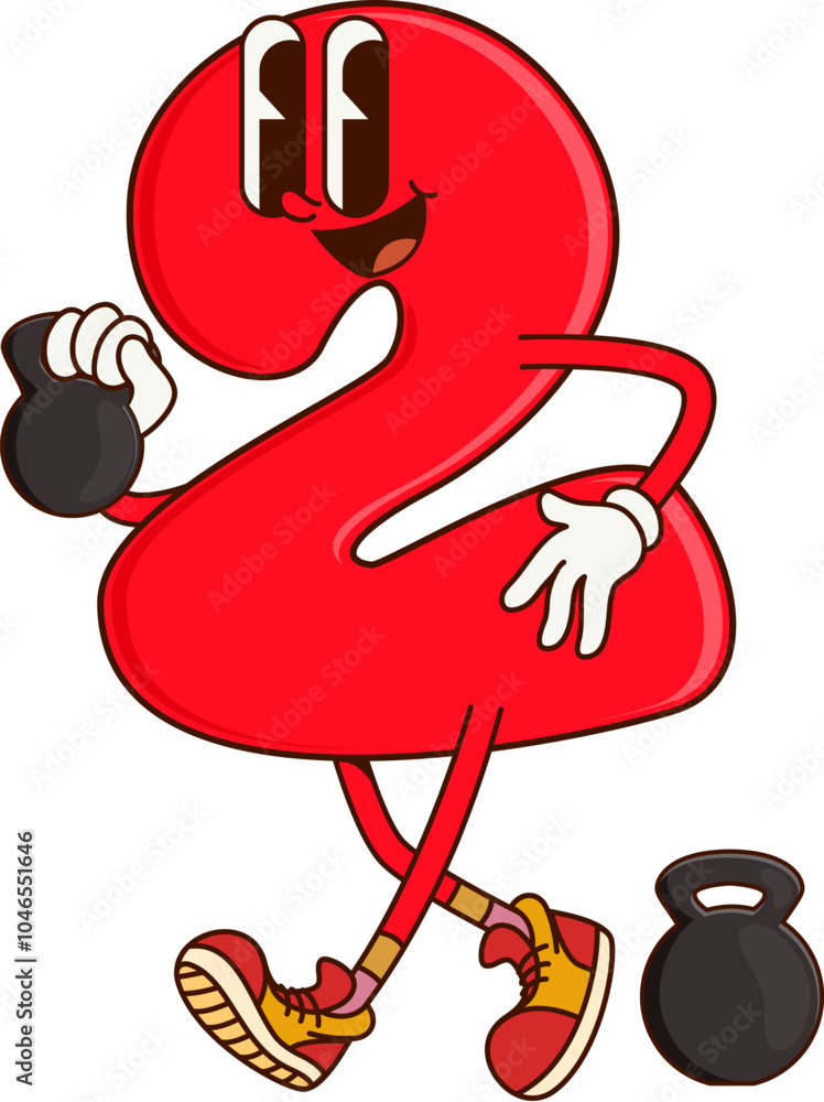 Poster math number two groovy cute character on fitness. math digit cheerful cartoon isolated vector charac