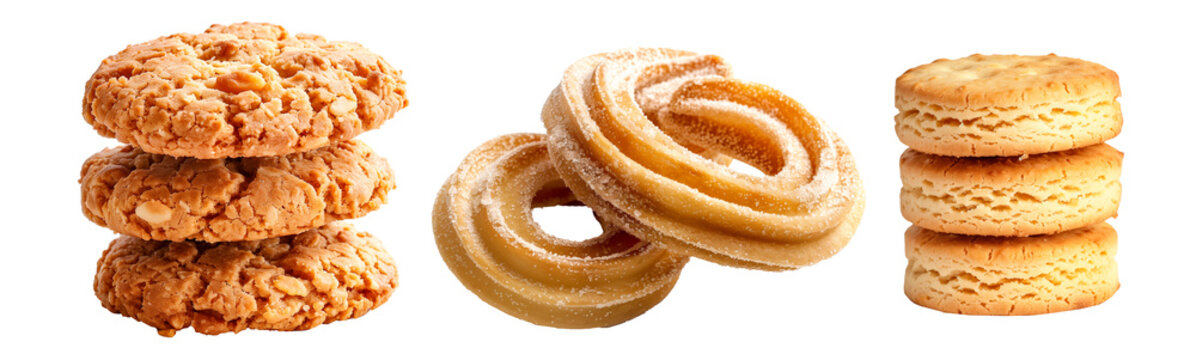 Stack of baked oatmeal cookies or Anzac Biscuit, Churo Swirl and Sandwich cookie isolated on white transparent background. Concept of homemade baked goods