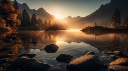 Golden sunrise over misty mountain lake