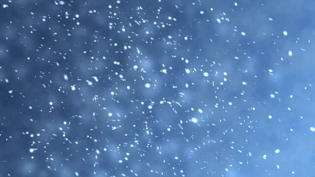 Flying snow on a blue background. 4K motion graphics. snowfall overlay, background - winter, effect of slowly falling snow. Abstract particle background. animation winter weather
