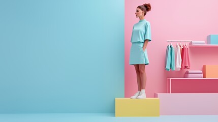 A young woman in a blue outfit stands on a yellow platform in a colorful room.