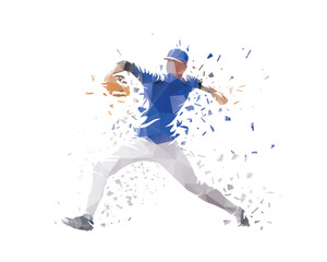 Baseball player pitches the ball, isolated low poly vector illustration, side view. Baseball player logo