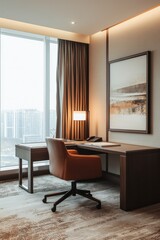 Fototapeta premium A functional executive suite with multiple work areas. The layout supports both teamwork and individual tasks