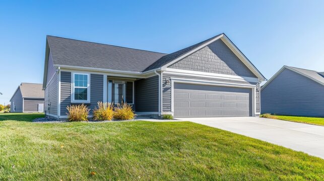 Gray vinyl siding and a garage mark the front of a modest one-story home.