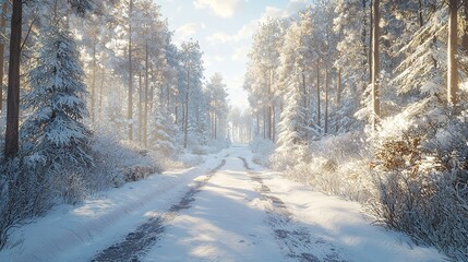 Obraz premium Snowy Road in a Winter Forest, 16K Resolution