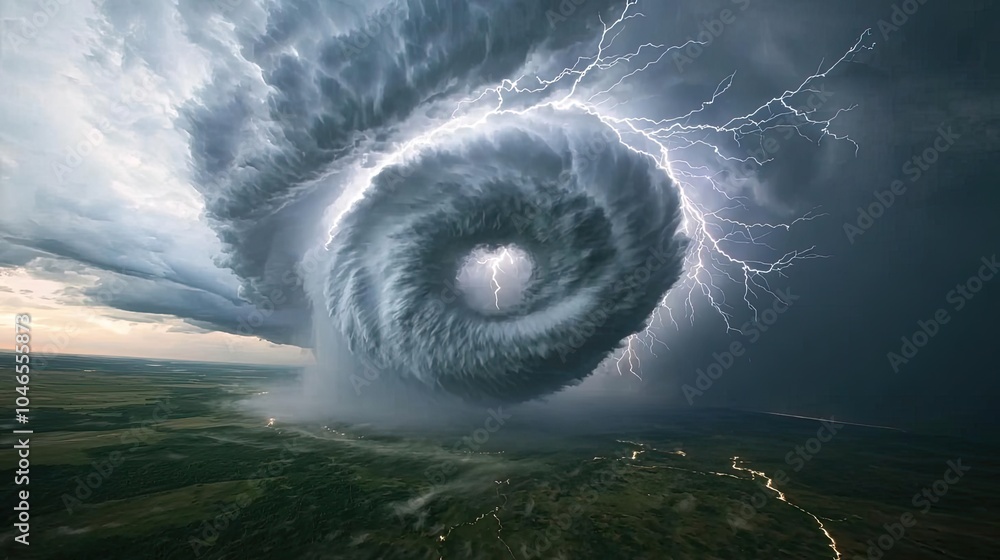 Poster dramatic storm cloud formation with swirling patterns and lightning strikes above landscape.