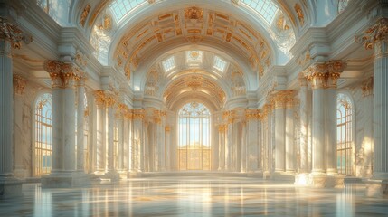 Fototapeta premium Grand, opulent hall with marble columns and golden accents.