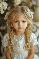 Fototapeta premium A little girl with long blonde hair wearing a white dress and a flower crown