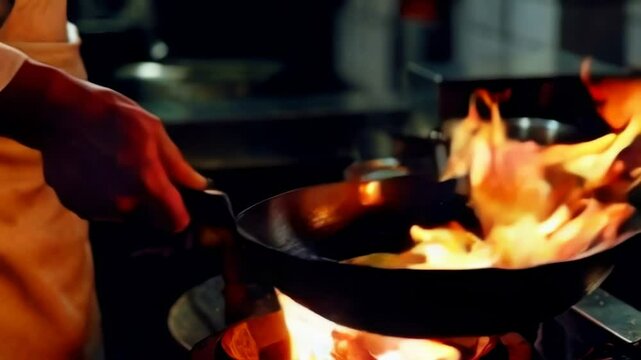 Close-up of chef expertly handling flaming pan in busy kitchen environment