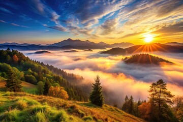 Fototapeta premium sunrise in the mountains and fog landscape wide-angle