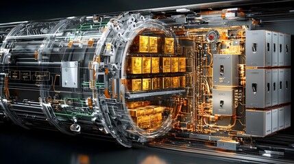 Detailed cross section view of a well fortified bank vault interior featuring rows of secure safety deposit boxes and stacks of shiny valuable gold bars