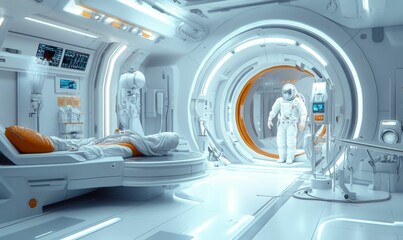 Futuristic medical bay with astronaut and patient.