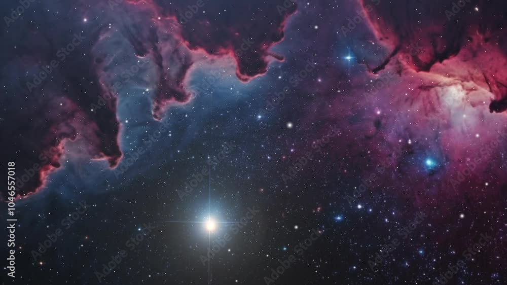 Poster view of color nebula with shining stars in deep space