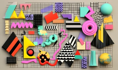 Geometric shapes on a gridded background.