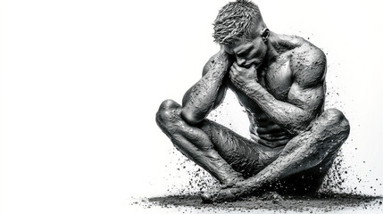 Fototapeta premium А muscular man covered in mud, sitting with his knees drawn up and his hand resting on his chin, deep in thought. The white background contrasts sharply with the dark mud splattering from his body