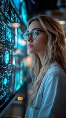 Radiologist Analyzing Brain Scan Data on Modern Medical Display with Digital Interface