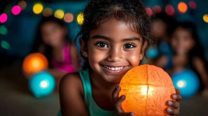 Naklejka premium Children holding bright lanterns, celebrating the Festival of Lights with joy