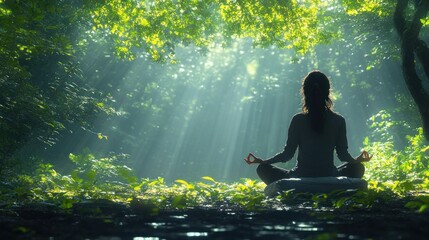 A person meditating in a sunlit forest, promoting tranquility.