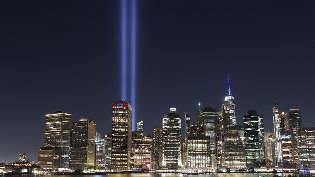 September 11 memorial lights hyper-lapse zoom out