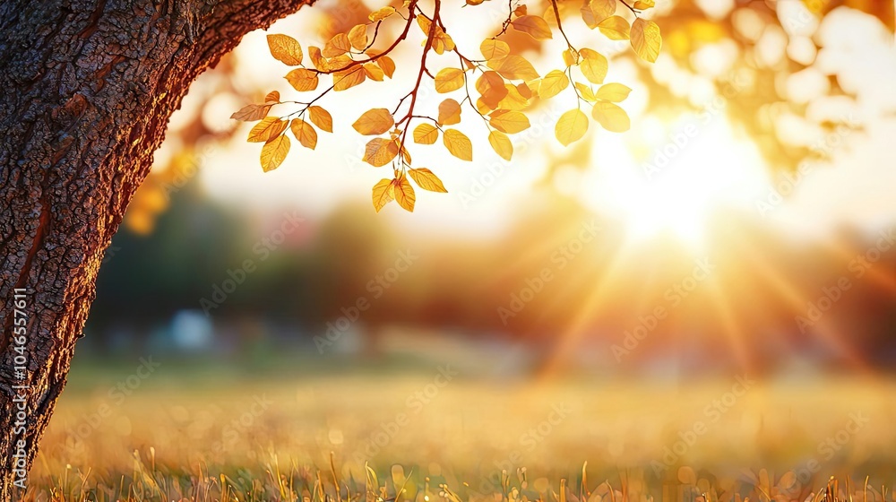 Poster sunset through autumn leaves, creating a warm glow and serene atmosphere.