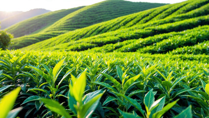 This vibrant landscape captures lush green tea plantations stretching over rolling hills, bathed in sunlight, creating a fresh and peaceful atmosphere.