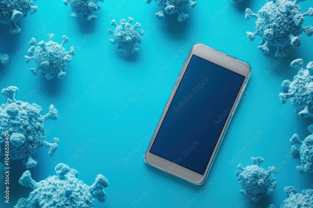 Poster smartphone surrounded by 3d representations of virus cells on a blue background in a modern setting