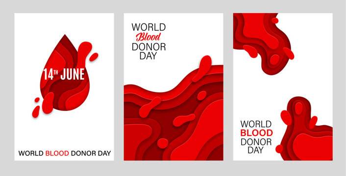 World blood donor day paper cut posters for blood donation campaign, vector backgrounds. World blood donor day banners with abstract red paper cut layers for healthcare charity and medical posters