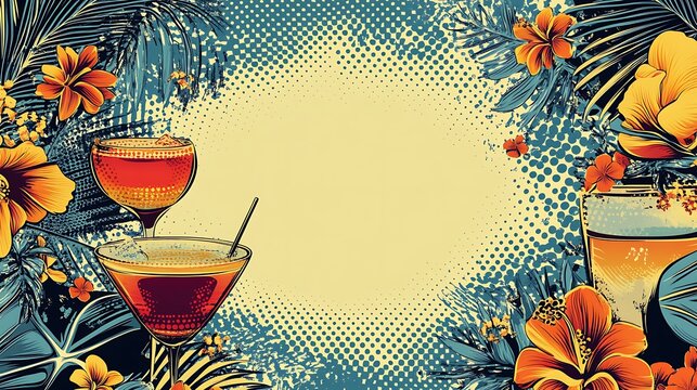Tropical cocktails and flowers with retro halftone background.
