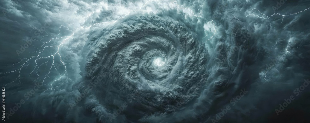 Poster stormy swirling clouds with lightning in a dark sky.