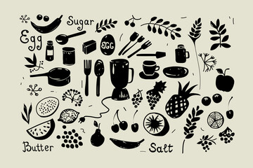 Cooking and kitchen collection. Ink and pen drawing. Black thin lines on a white background. Vector illustration in doodle style. Sketch for culinary and restaurant design